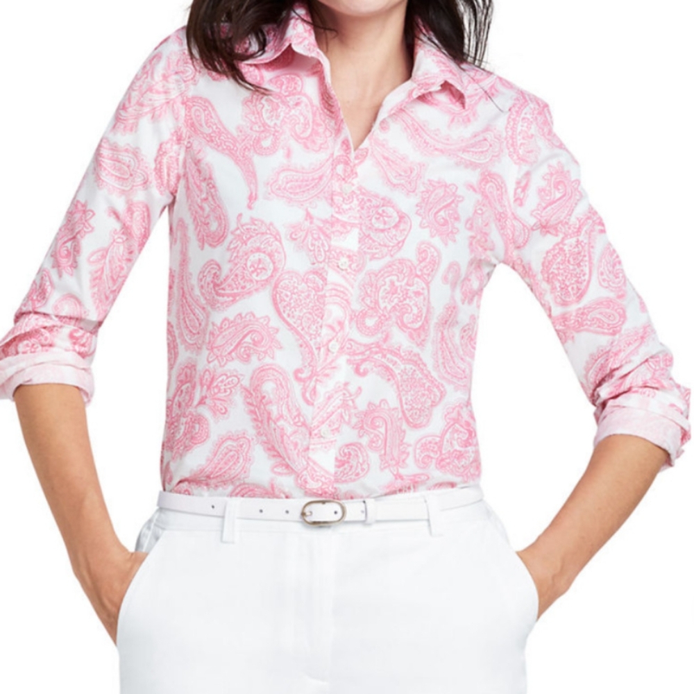 Women's Lands End‎ Pink Paisley Long Sleeve Button Up Supima Cotton Shirt Sz 16